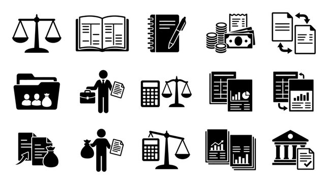 Black and white icon set illustrating various accounting and financial management concepts with symbolic visuals.