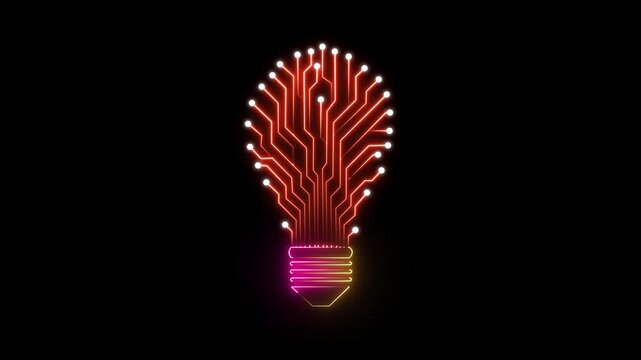 Lightbulb with circuit lines radiating from it, symbolizing innovation and technology in the business world. neon light bulb, neon line idea icon animation