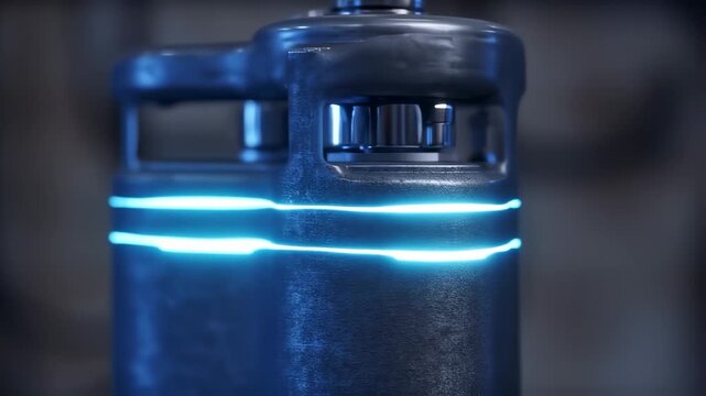 Close-up of metallic cylinders with glowing blue lines, focused on the upper portion, a futuristic design