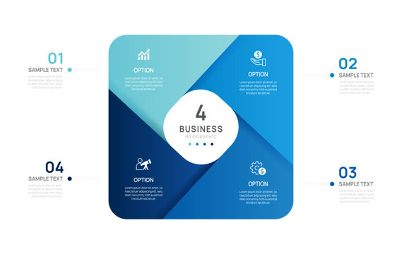 Venn diagram Business Infographic 4 Options square circle chart Template. with Icons for Corporate Strategy, Workflow.