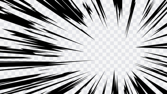 Dynamic black manga speed lines radiating toward an open center, creating a powerful sense of motion, impact, and explosive energy. Ideal for anime scenes, comic panels, action backgrounds.