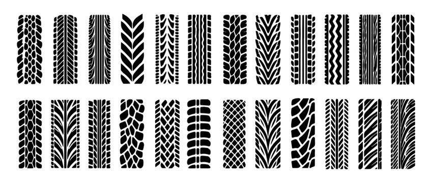 Set of black and white tire tread patterns featuring diverse geometric designs, directional grooves, and textured rubber surfaces. Ideal for automotive graphics, vehicle illustrations, tire design.