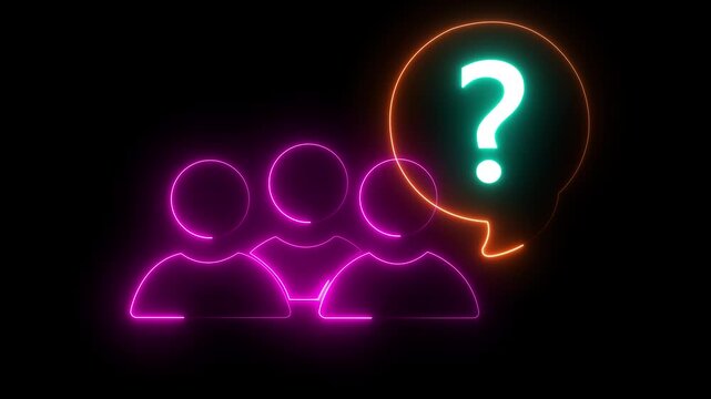 Glowing neon line Human head with question mark icon on black background. Neon glowing question mark with man head icon. Glowing neon couple in love animation.