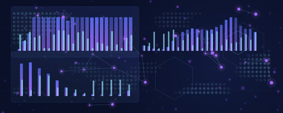 Abstract digital data visualization with bar charts, connected nodes, and glowing elements on dark background