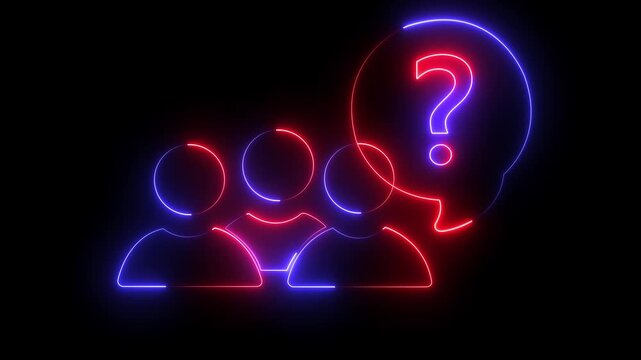 Glowing neon line Human head with question mark icon on black background. Neon glowing question mark with man head icon. Glowing neon couple in love animation.