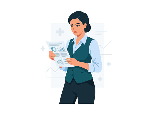 Professional Woman Analyzing Financial Report Data Charts
