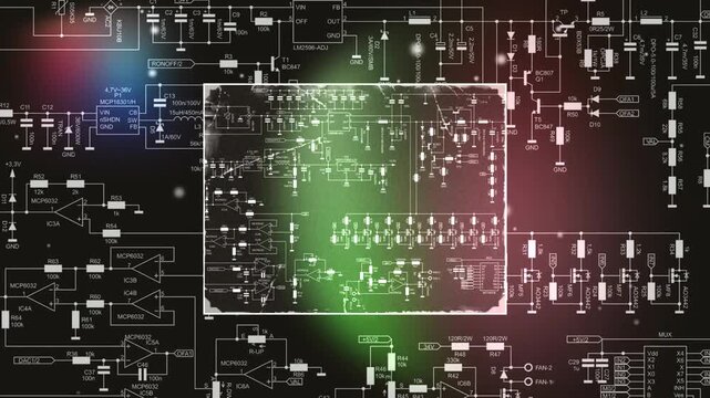 Video animation with schematic diagram of 
electronic device. Drawing electrical circuit 
with resistor, transistor, diode, coil, 
operational amplifier, logic element.
Animated effect, screensaver. 
