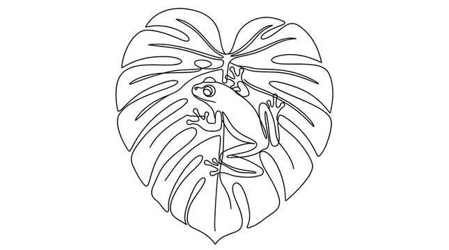 Continuous line art of a tree frog on a tropical monstera leaf