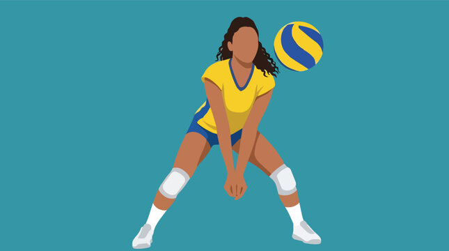 Female volleyball player athlete performing underhand pass in minimalist flat vector art for sports tournament branding