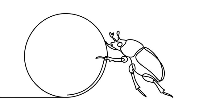 Continuous Line Drawing of a Dung Beetle Rolling a Ball