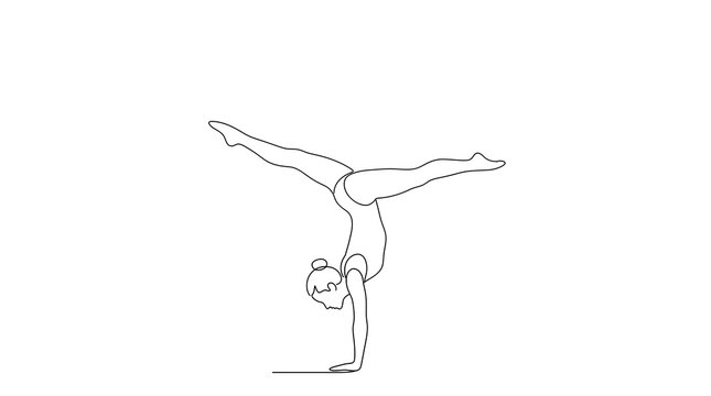 Continuous line drawing of a female gymnast doing a handstand split