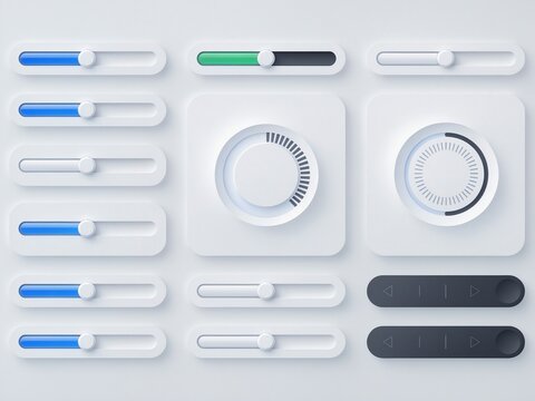 Ui sliders and knobs static display, in digital interface, with sliders, knobs, with plastic-like texture, from a frontal perspective
