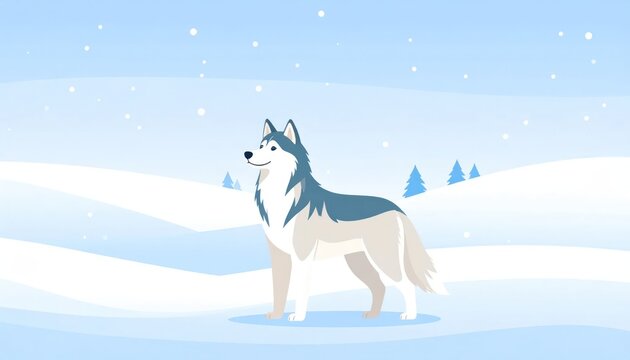 Husky dog standing in snowy winter mountain landscape.