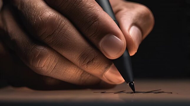Close-up of a hand signing a document with a fountain pen symbolizing agreement contract approval and formal business transactions in a dramatic lighting setting