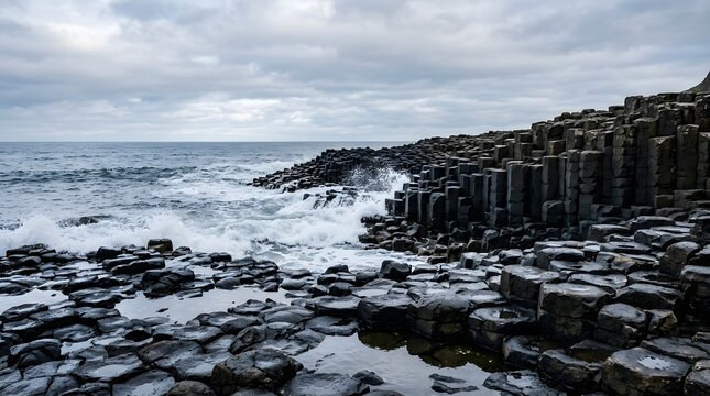 Scenic view of basalt columns along a rugged coastline under cloudy sky.