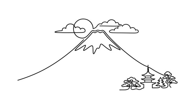 Minimalist Mount Fuji Continuous Line Art with Pagoda and Sun