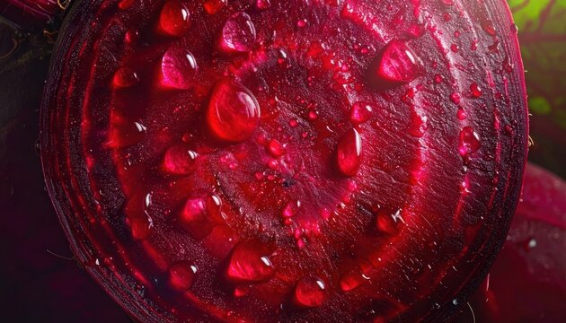 Close up of sliced red beet with dew drops.