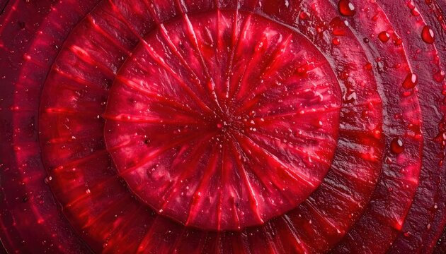 Macro view of sliced red beet with water droplets.