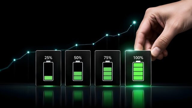 Hand placing glowing green digital battery icon at 100 percent next to rising chart line representing energy growth and performance improvement