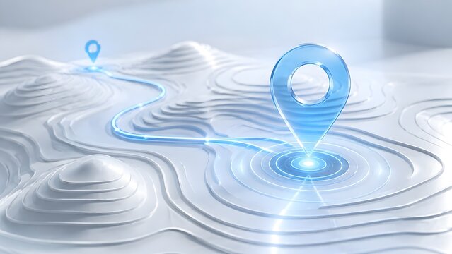 Transparent blue glass location map pin on modern white 3d topographical terrain map representing global navigation and geographical data analysis