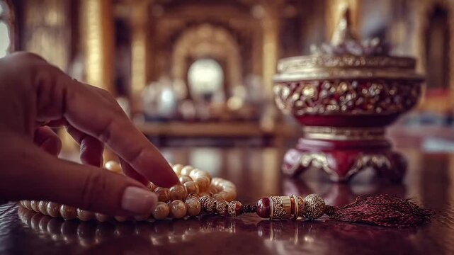 Islamic prayer beads and ornate box on table.