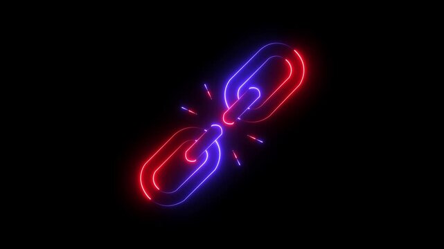 glowing neon unlink icon isolated on black background. broken Link icon animation. 4k video animation