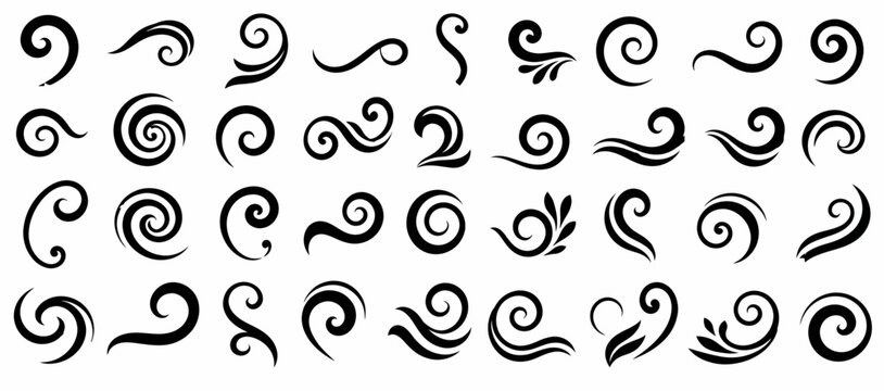 Decorative swirl and spiral vector silhouette set, perfect swirl for graphic design. Elegant shapes add a stylish touch to invitations, logos, tattoos, and