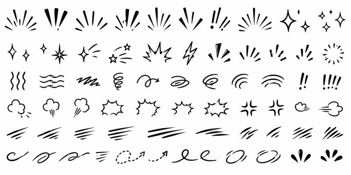 Comic line sparkle and movement elements set. black ink motion accents, burst effects, and dynamic hand drawn stroke symbols perfect for manga, cartoon, or