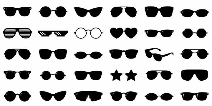 Sunglasses vector collection, modern vintage styles, fashionable eyewear silhouettes, black sunglasses illustration, white background, perfect for fashion