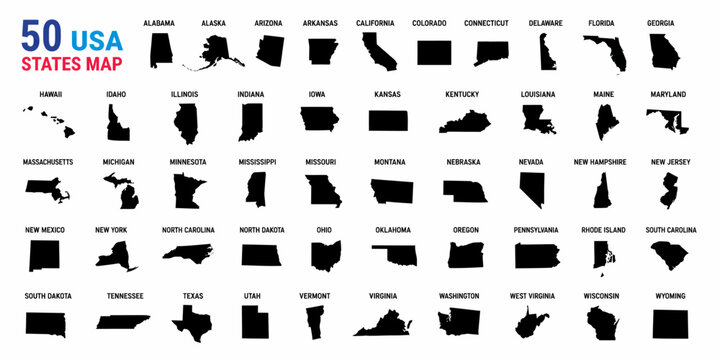 USA states map silhouette, America state map vector outline of all 50 states of united states of America for geography, educational, learning tool