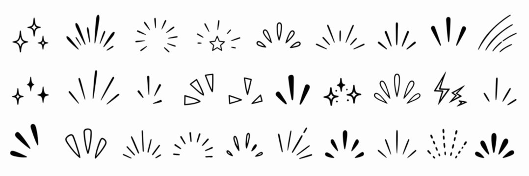line sparkle vector set, comic style decorative lines, burst effects, and dynamic radial patterns in black for enhancing illustrations, comics, and graphic