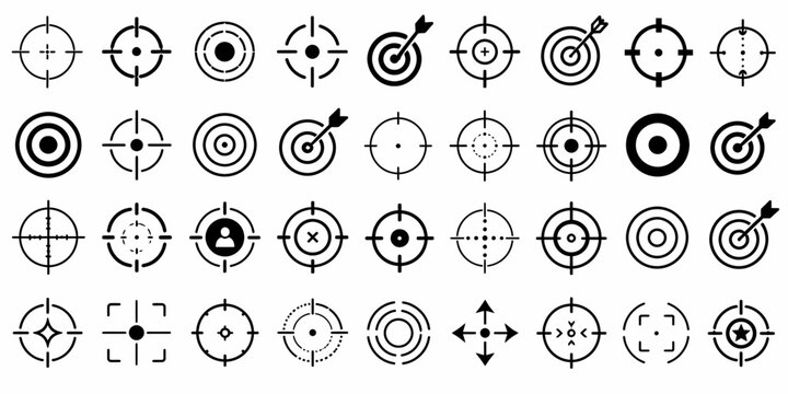 Target and aim icon set, crosshair, bullseye vector, precision, accuracy, and focus icon for aiming, archery, shooting, or navigation