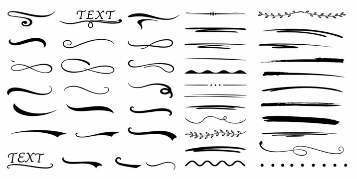 Decorative swirl, flourish, and underline vector collection for elegant design. ornament set includes calligraphic divider, swoosh, and curve elements for