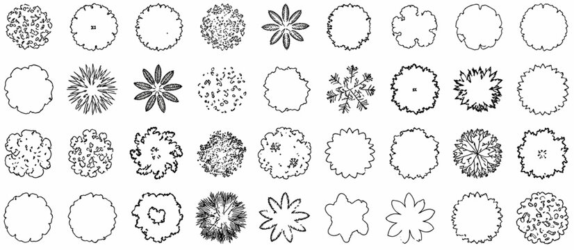 Tree top view outline collection, diverse foliage patterns, ideal for architectural plans, landscape designs, urban planning botanical illustrations, and g