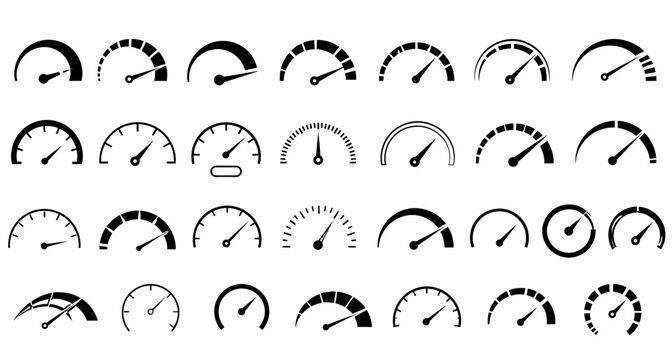 Speedometer speed vector icon set, gauge meter, dashboard elements for automotive, speed measurement. Vector set for car speed, fuel, RPM, tachometer. Blac