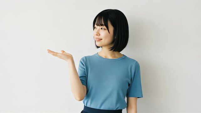 ボブヘアで手のひらを広げて案内する笑顔の女性