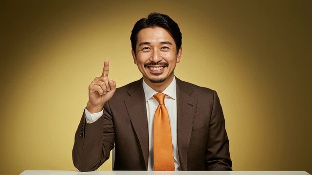 上を指さして笑顔で決めポーズをとるスーツ姿の男性