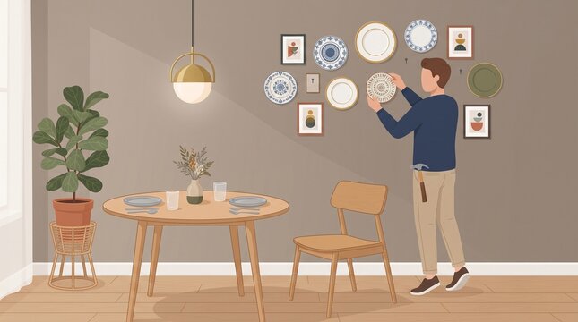 Faceless cartoon man hanging decorative plates and framed artwork in a modern dining room, stylish wall decor concept with warm contemporary home details.