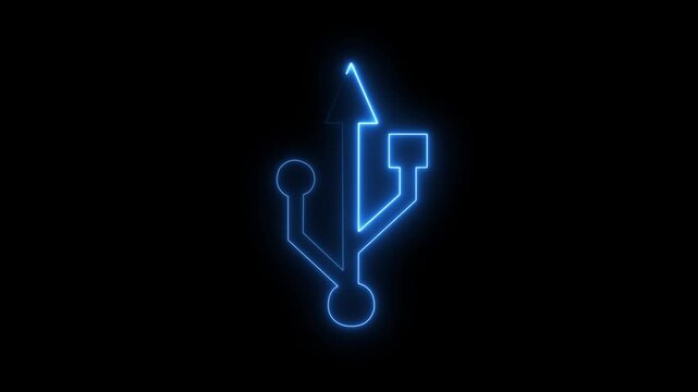 USB icon isolated on black background. Neon Glowing blue Simple USB icon. 4k