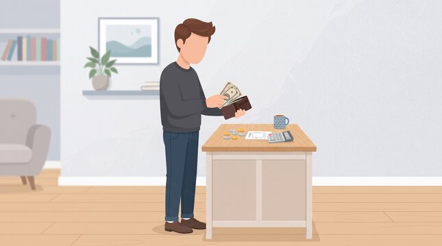 Faceless cartoon man counting banknotes from an open wallet with coins and calculator, illustrating personal spending, budgeting and everyday financial management.
