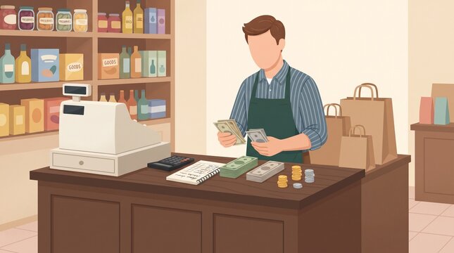 Faceless cartoon male shop owner counting cash at a retail counter with calculator and register, illustrating small business sales, revenue and financial management.
