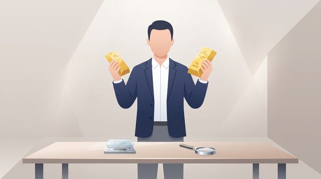 Faceless cartoon man comparing two gold bullion bars, with a scale and magnifying glass, illustrating precious metal valuation, investment and asset comparison.