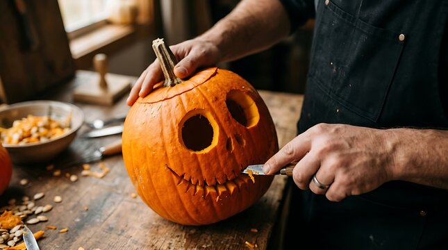 Man carving orange pumpkin on wooden table