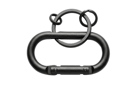 Un mousqueton noir mat de forme ovale avec un anneau porte-cl&eacute;s m&eacute;tallique attach&eacute;, pr&eacute;sent&eacute; sur un fond blanc pur, id&eacute;al pour des accessoires de plein air, de randonn&eacute;e ou d'organisation quotidienne.