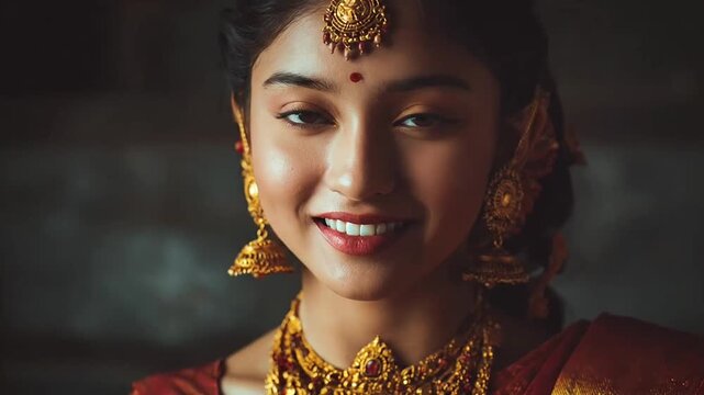 Indian woman wearing ornate traditional gold bridal jewelry.