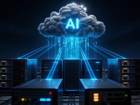Cloud computing with AI data transmission from cloud to servers in a server room environment with metallic racks and electronic