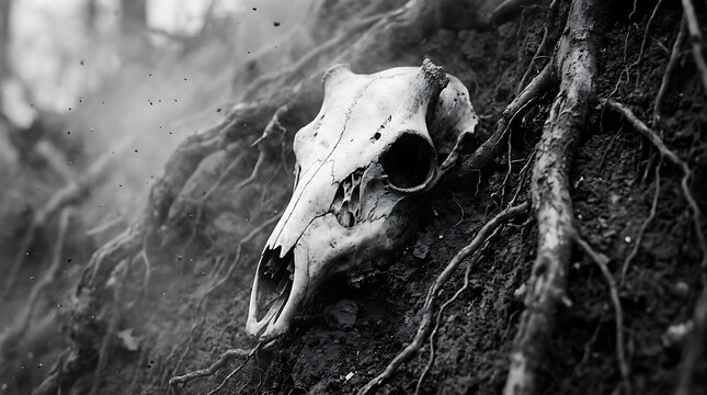 Animal skull resting on dirt and tree roots