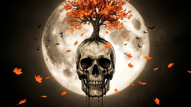 Skull with orange tree and full moon