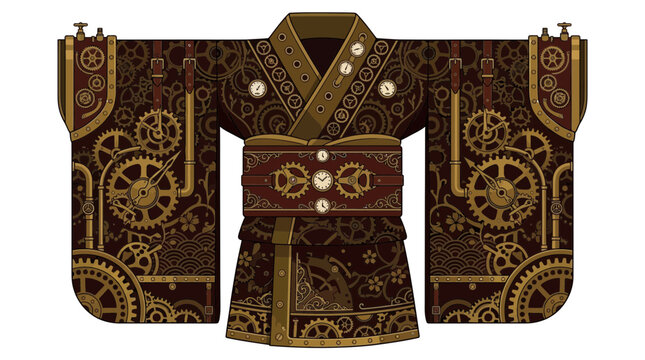 Steampunk Kimono Illustration with Gears and Mechanical Details