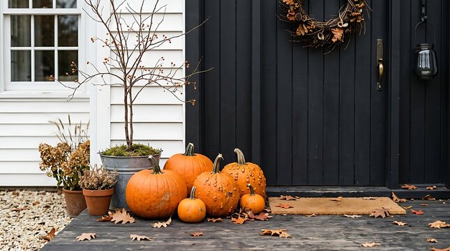 Autumn pumpkin decoration on a house porch